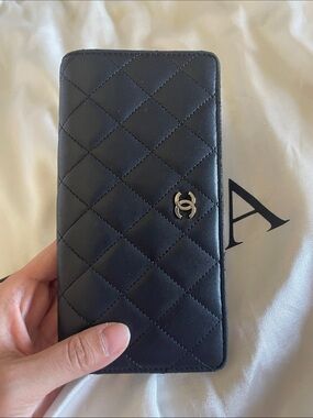Chanel long flap quilted black lamb skin wallet